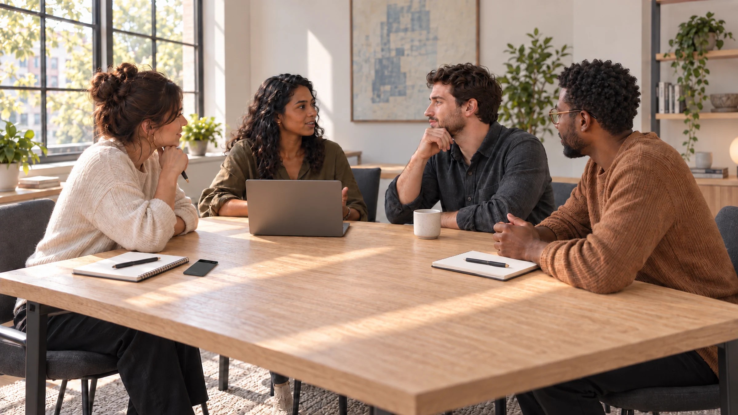 Four people meeting at table