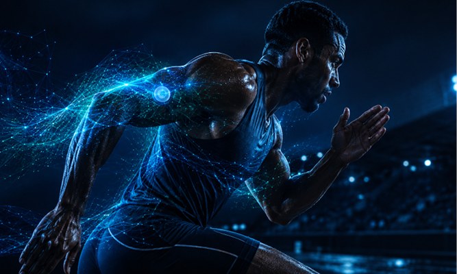 Athlete sprinting with biomedical sensor visualization on arm