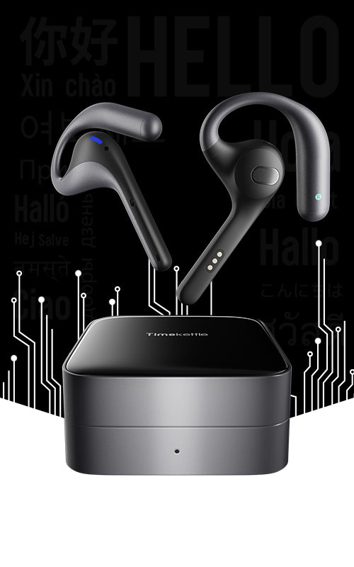 Black LiveTalk earbuds floating above charging case