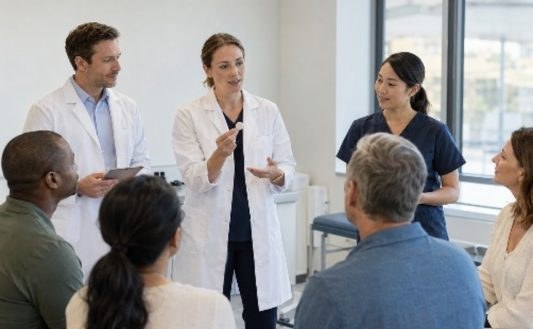 Clinicians discussing hydration study results with patients