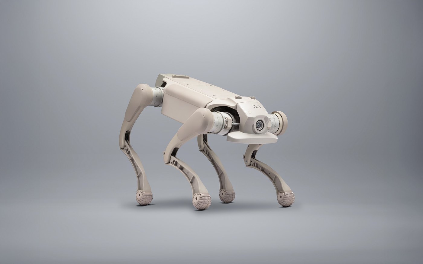 Faraday Future quadruped robot on grey studio backdrop