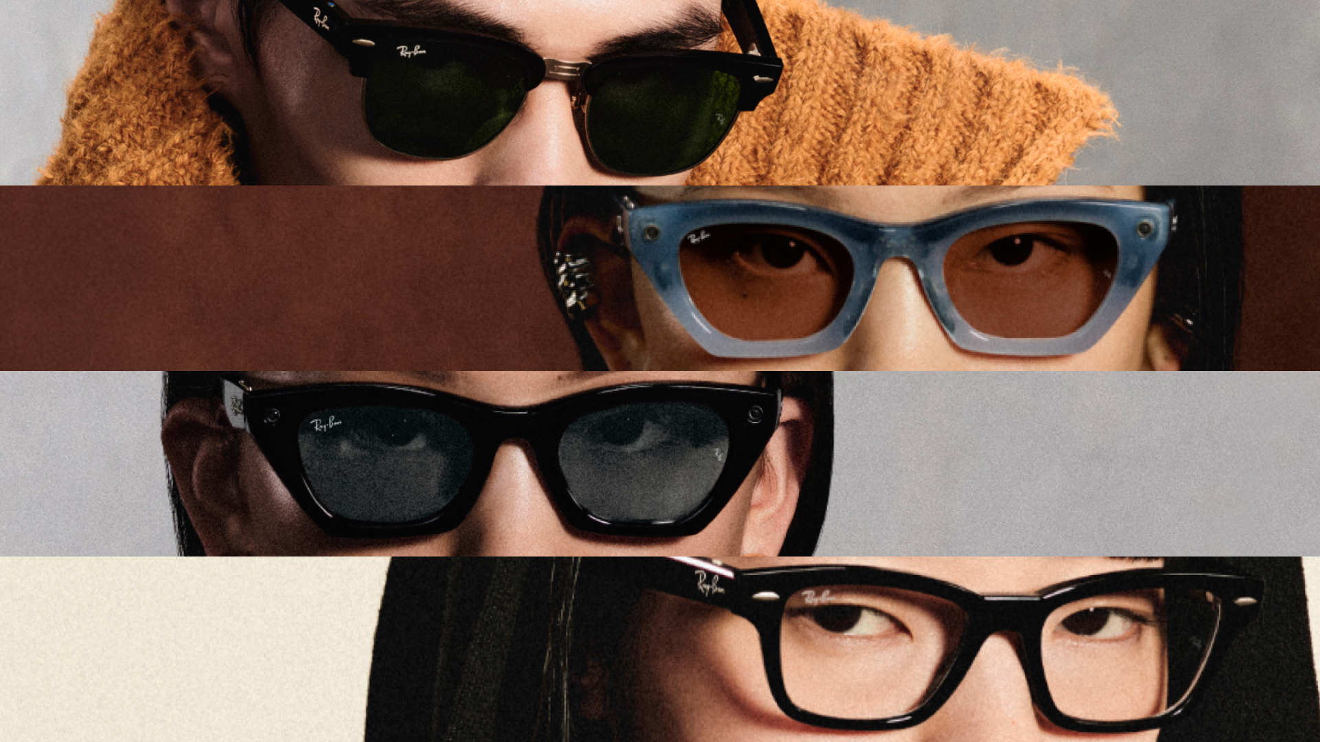 Collage of Ray-Ban frame styles and lens colors