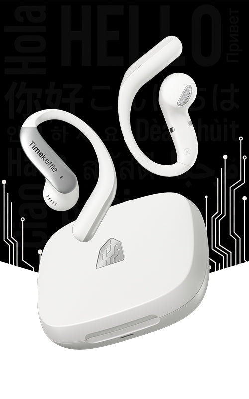 White LiveTalk open-ear translation earbuds with case